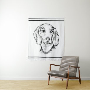 dachshund hand drawn sketch black white puppy dog wandteppich