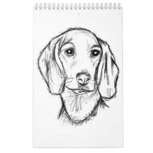 Dachshund handgezeichnete Skizze schwarz weiß Welp Kalender