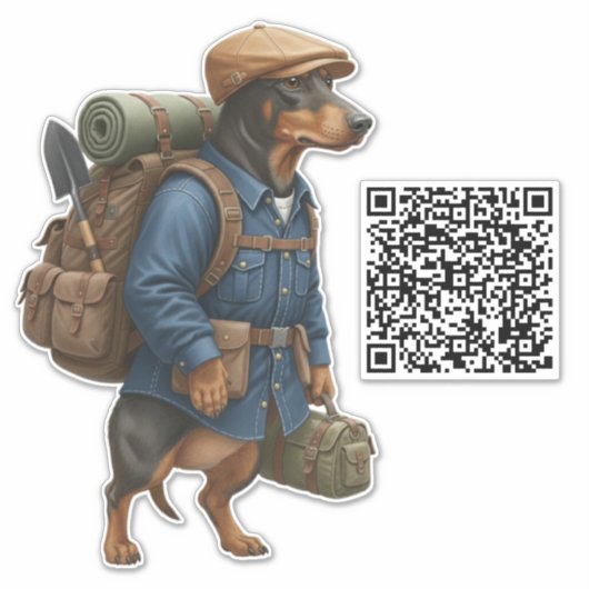 Dachshund Hiker + QR Code Aufkleber (Vorderseite)