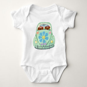 Dachshund-Hippies in Blumenliebe-Auto Baby Strampler