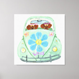 Dachshund-Hippies in ihrem Blumenliebesauto Leinwanddruck