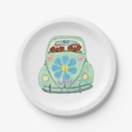 Dachshund-Hippies in ihrem Blumenliebesauto Pappteller