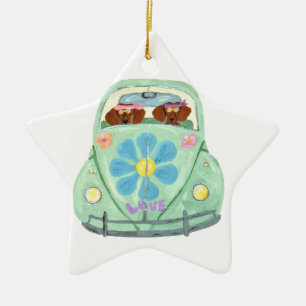 Dachshund-Hippies in ihrem Blumenliebesmobil Keramik Ornament