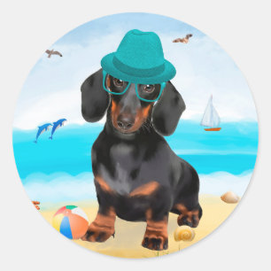 Dachshund Hund am Strand Runder Aufkleber
