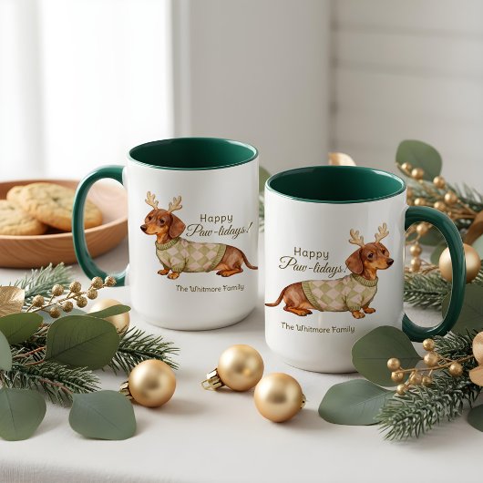 Dachshund-Hund-Geweih-Weihnachts-Kariertpullover Tasse