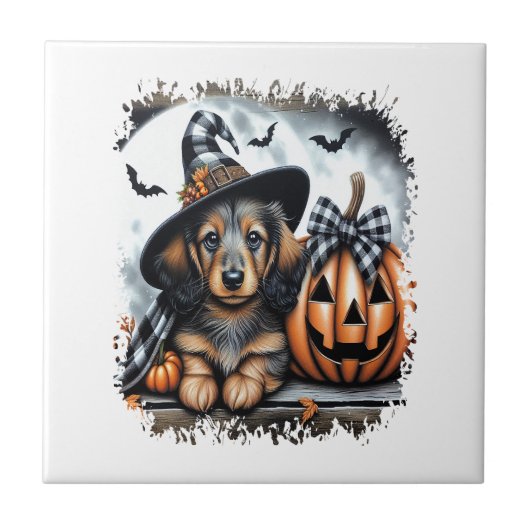 Dachshund Hund Halloween Fliese (Vorderseite)