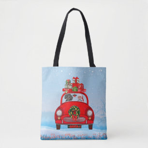Dachshund-Hund im Auto mit dem Weihnachtsmann Tasche
