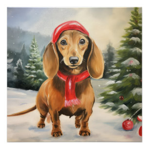 Dachshund Hund im Schnee Weihnachten Poster