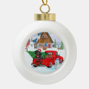 Dachshund-Hund im Weihnachtslieferwagen Schnee Keramik Kugel-Ornament