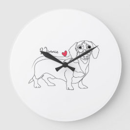 Dachshund-Hund-Linienkunst und Herz mit Namen Große Wanduhr
