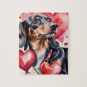 Dachshund-Hund-Porträt Wasserfarbe Valentinstag Puzzle