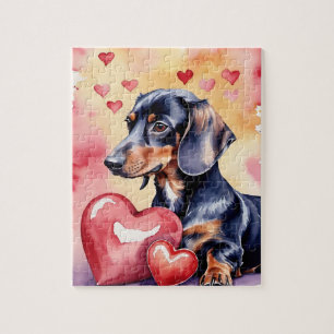 Dachshund-Hund-Porträt Wasserfarbe Valentinstag Puzzle