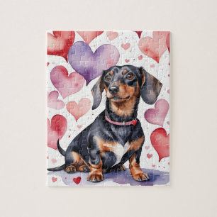 Dachshund-Hund-Porträt Wasserfarbe Valentinstag Puzzle