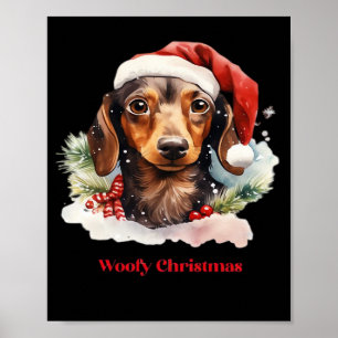 Dachshund Hund Weihnachtsmann Mütze Xmas Licht Woo Poster