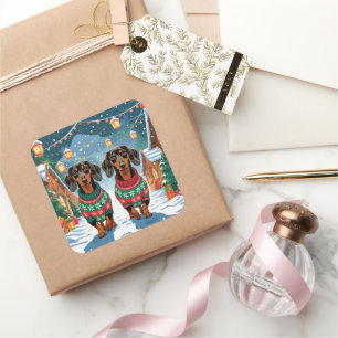 Dachshund-Hunde Weihnachten Schnee Feiertag Quadratischer Aufkleber