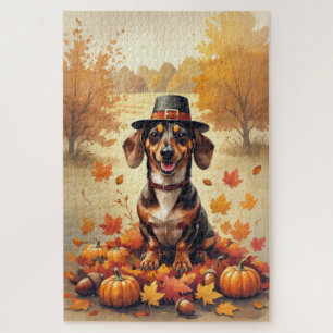 Dachshund im Herbstlaub Thanksgiving Kunst Puzzle