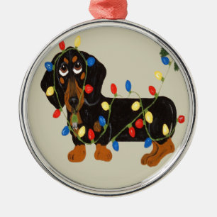 Dachshund in Weihnachtslichter verheddert Schwarz/ Silbernes Ornament