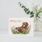Dachshund in Wildflowers Hello From Postcard Postkarte (Stehend Vorderseite)