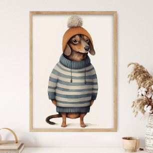Dachshund in Winterstimmung, lustige Hundedekorati Poster