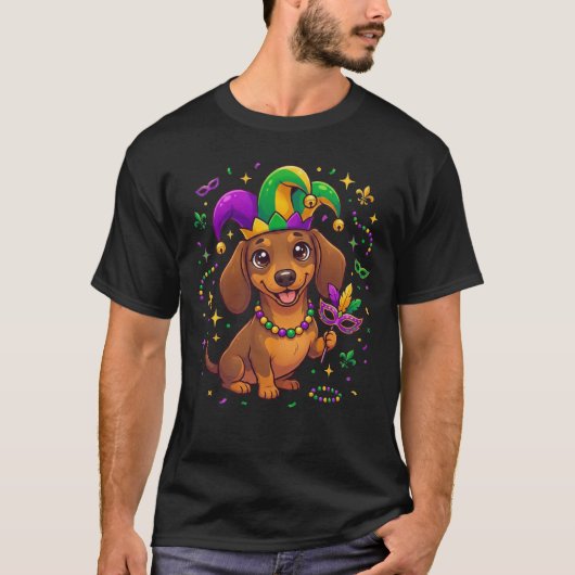 Dachshund Mardi Gras Wiener Dog Fun Party Pajamas T-Shirt (Vorderseite)