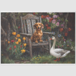 Dachshund mit einer Gans in einem Garten-Decoupage Seidenpapier