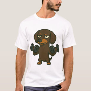 Dachshund mit Hantel-Fitness-Training Bizeps wo T-Shirt