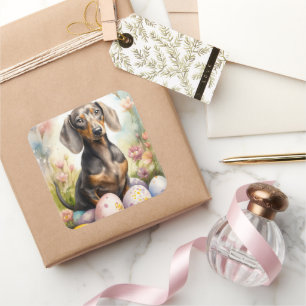 Dachshund mit Ostereiern Quadratischer Aufkleber