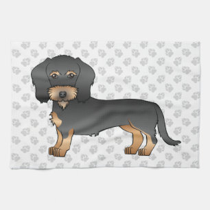 Dachshund mit schwarzem und braunem Drahtfell und Geschirrtuch