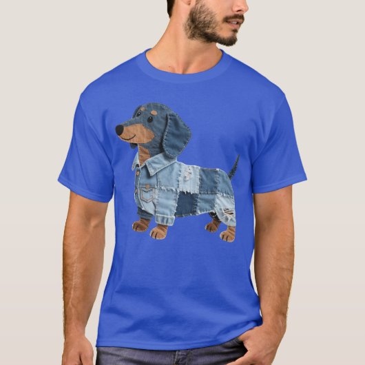 Dachshund-Muster-Denim-Patchwork-Kunst Lustiger Da T-Shirt (Vorderseite)