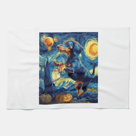Dachshund of van gogh starry night halloween Funny Geschirrtuch (Horizontal)
