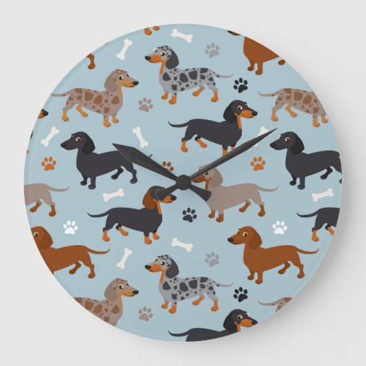 Dachshund Paws and Bones Pattern Blue Große Wanduhr (Vorderseite)