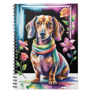 Dachshund-Porträt in Neonlicht und floralem Rahmen Notizblock