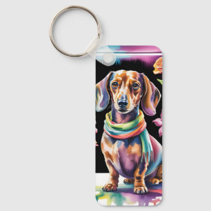 Dachshund-Porträt in Neonlicht und floralem Rahmen Schlüsselanhänger