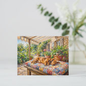 Dachshund ruht auf einer Patchwork-Gartenbank Postkarte (Stehend Vorderseite)