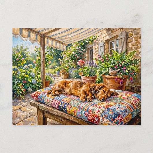 Dachshund ruht auf einer Patchwork-Gartenbank Postkarte (Vorderseite)