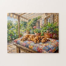 Dachshund ruht auf einer Patchwork-Gartenbank