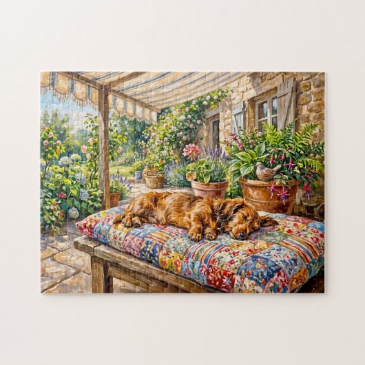 Dachshund ruht auf einer Patchwork-Gartenbank Puzzle (Horizontal)