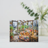 Dachshund ruht auf Patchwork-Stuhl in Greenh Postkarte (Stehend Vorderseite)