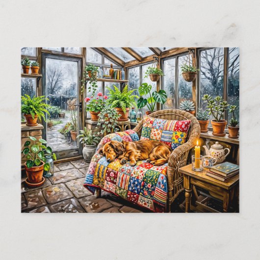 Dachshund ruht auf Patchwork-Stuhl in Greenh Postkarte (Vorderseite)