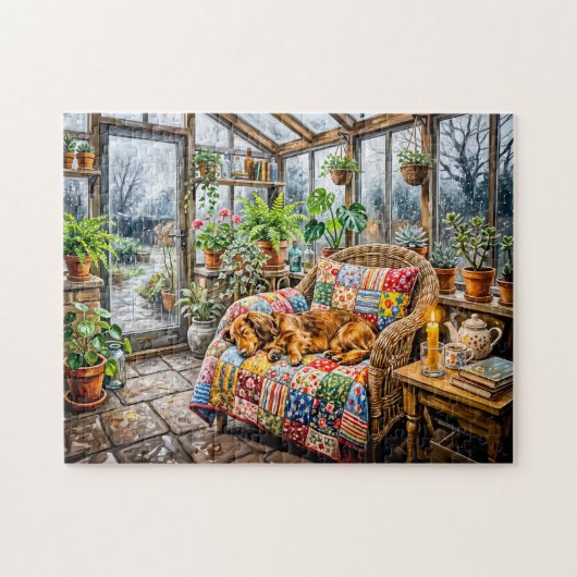Dachshund ruht auf Patchwork-Stuhl in Greenh Puzzle (Horizontal)