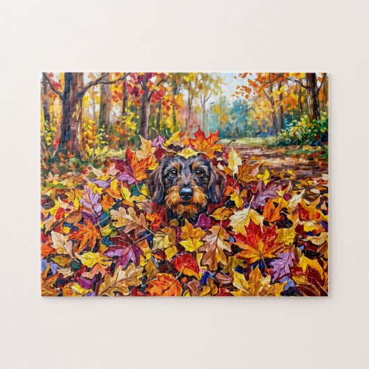 Dachshund ruht in farbenfrohen Herbstblättern Puzzle (Horizontal)