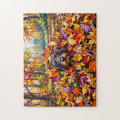 Dachshund ruht in farbenfrohen Herbstblättern Puzzle (Vertikal)