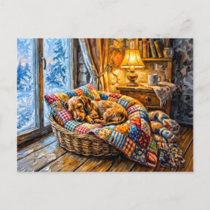 Dachshund ruht in gemütlichem Winter-Fensterkorb Postkarte