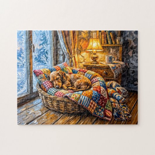 Dachshund ruht in gemütlichem Winter-Fensterkorb Puzzle (Horizontal)