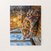 Dachshund ruht in gemütlichem Winter-Fensterkorb Puzzle (Vertikal)