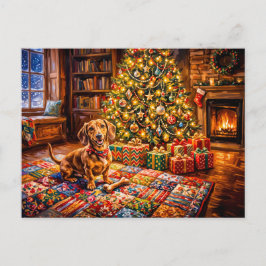 Dachshund ruht neben einem gemütlichen Weihnachtsb Postkarte