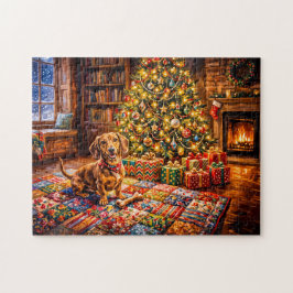 Dachshund ruht neben einem gemütlichen Weihnachtsb Puzzle