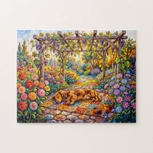 Dachshund ruht unter dem Blumen-Gartenpergola-Weg Puzzle