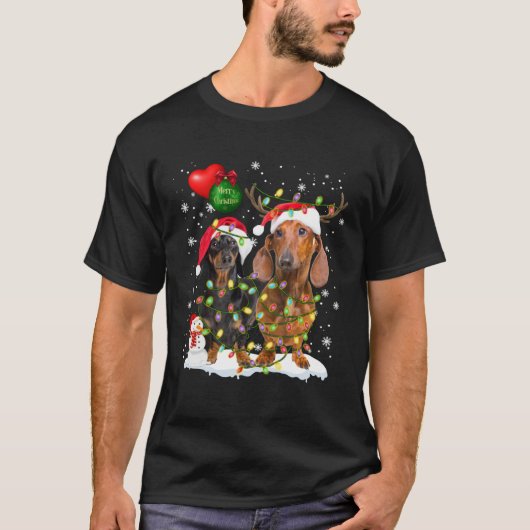 Dachshund  Santa Light Reindeer Hat in Snow Christ T-Shirt (Vorderseite)
