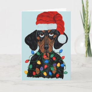 Dachshund Santa verheddert in Weihnachtslichter Karte